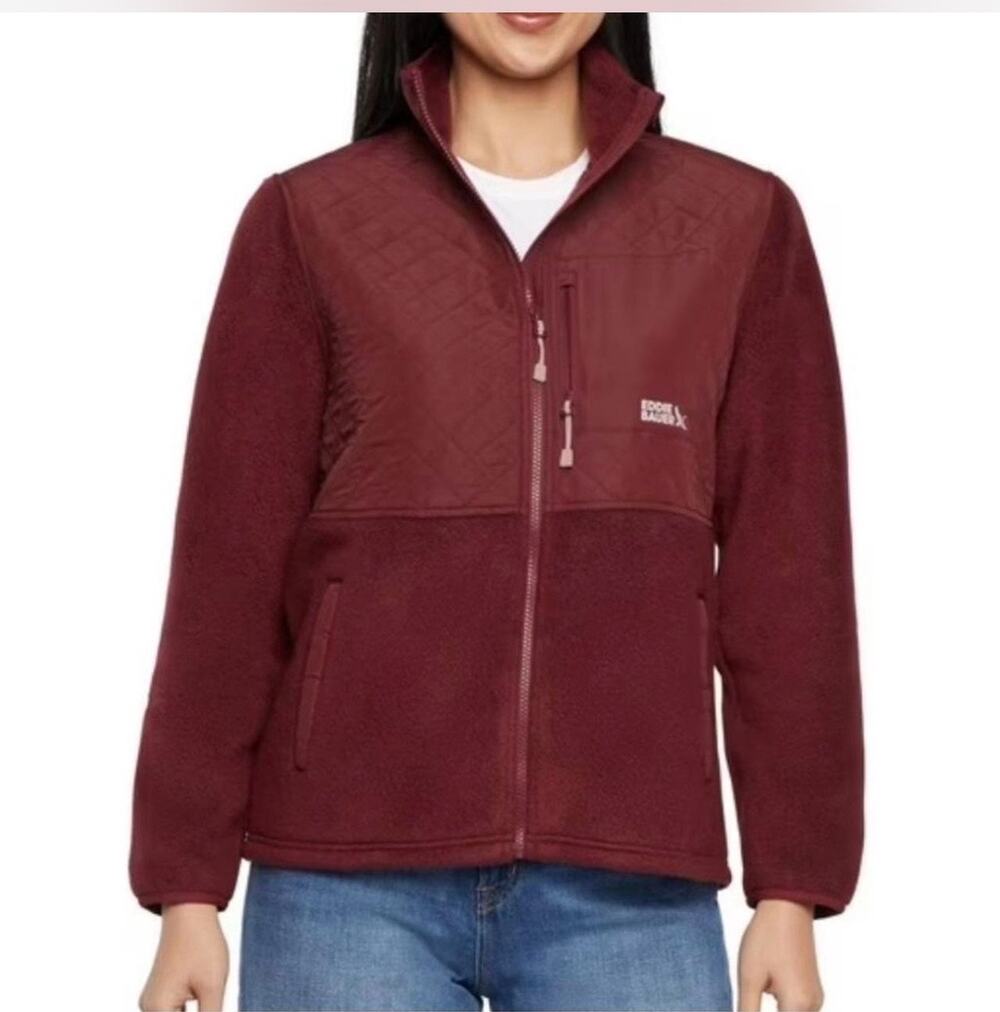 Eddie Bauer Mixed Media Polar Fleece Jacket Quilted Size XL Women Burgundy
